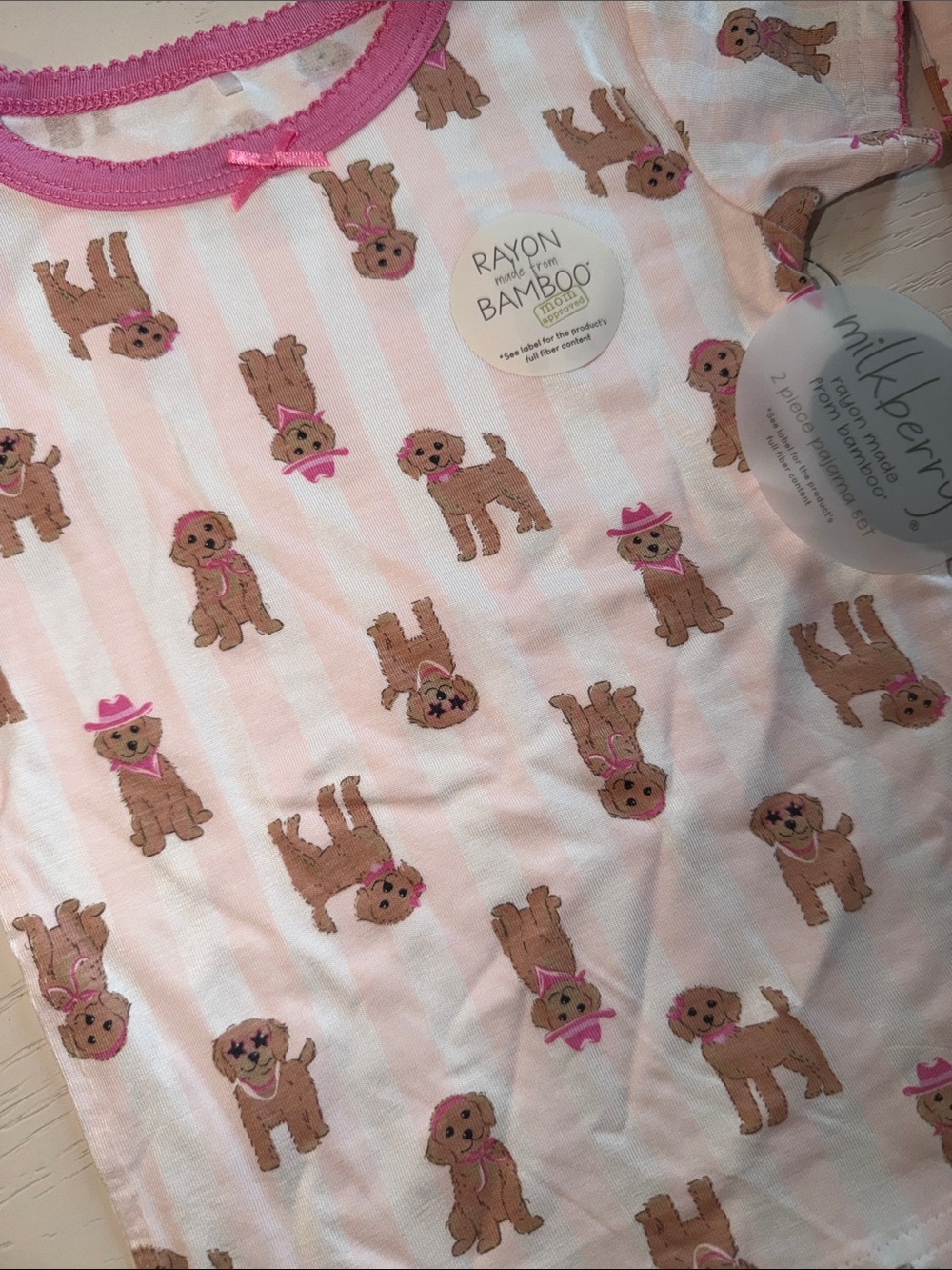 Milkberry Pink Puppy Print Cabana Stripe Bamboo Kids Pajama Set 2T 3T 4T 5T - Picture 3 of 6